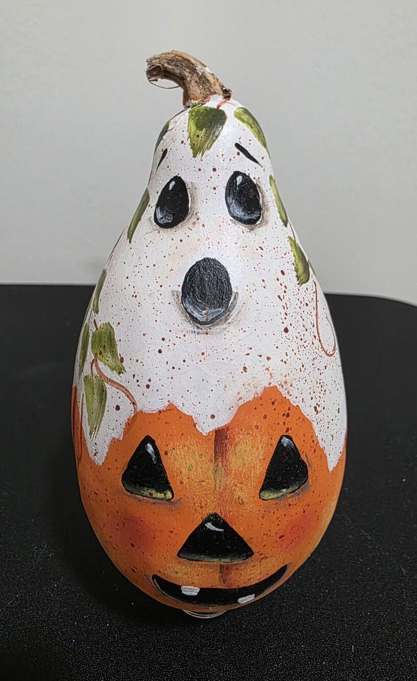 Hand Painted Gourd HALLOWEEN Ghost Jack O Lantern PUMPKIN Folk Art 5" EUC